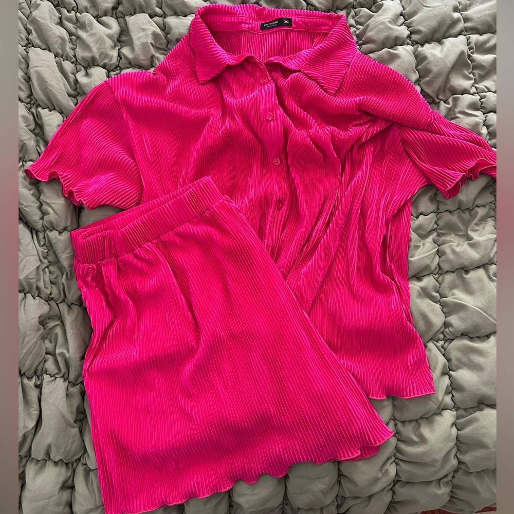 Vibrant Pink Pleated Shirt and Shorts Set